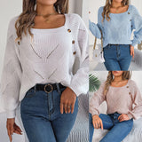 Fongt 2025 Casual Square Collar Button Solid Color Hollow Lantern Sleeve Sweater Temu Women's Clothing