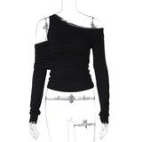 Black Asymmetrical Cut Out Off Shoulder Long Sleeve Top-Outfit