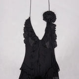 Black Mesh Fringe Ruffle Open Back Midi Dress-Outfit