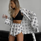 Fongt New Loose Print Women's Casual Tie Long Sleeve Pajamas High Waist Shorts Set Home Clothes-Outfit