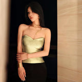 Fongt Women's Wear 2024 Winter New Solid Color Casual Chest Exposed Navel Sleeveless Gold Slim Vest Jacket-Outfit