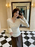 Fongt Xixi 2025 Autumn White Label New Temperament Flower V-Neck Wool Bottom Shirt 100 Top Women 89619