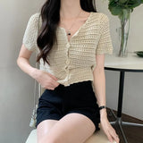 Row Hollow T-Shirt Women's Summer New Cardigan Short Leisure Thin Solid Color Temperament Short-Sleeved Top
