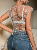 Fongt Direct Selling Hot Fishing Net Bright Drill Slit Sexy Crop Vest