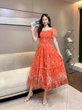 Fongt Gentle Wind And Rags Retro Tea Chiffon Dress Female Waist Temperament Shoulder Bubble Sleeve Mesh Dress