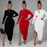 Fashion Women's Solid Color Pleated Round Collar Long Sleeve Dress-Outfit