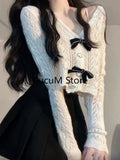 Elegant 2 Piece Set Woman White Knitted Blouse Bow + Casual Slim Y2k Mini Skirt Korean Fashion Suit Outfit 2023 Autumn-Outfit