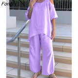 2023 New Women's Sling with Loose Shirt, Wide-leg Trousers Two-piece New In Matching Sets Set Woman 2