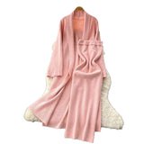 Fongt Simple Style Solid Knitted Light Sister Suit Girl Winter Body-Clamping T-Shirt Dress With Long Open Shirt Jacket