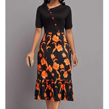 Fongt Long-Waisted Temperament Commuter Black Dress Set Short-Sleeved Printed Dress