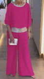 Fongt New Solid-Color Suit Round-Collar Sleb Set Of Bright Bat Shirt Wide Leg Trousers Set For Women