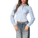 Fongt Summer New Design Slimming Collar Top Hottie Fish Girded Long-Sleeved Shirt Woman