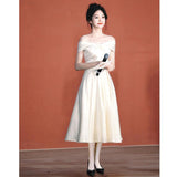 One-Word Shoulder-To-Shoulder Dress High-End Light Luxury Niche French Engagement Dress White Certificate Registration Small White Dress