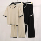 Fongt Simple Fashion Round-Neck Short-Sleeved Knitted Shirt High Waist Thin Trousers Pit Knitted Two-Piece