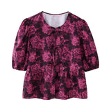 New Bubble Cuff Lace-Up Solid Color Short Blouse 1213835-Outfit