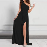Fongt Women's New Dress Summer Slanted Shoulder Dress Temperament Sleeveless Sexy Open Fork Dress