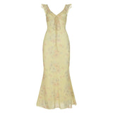 Fongt Style Sexy Mesh Print Small Flying Sleeve Sling Dress Babes V Tie Collared Waist Dress