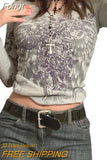 Women T-shirts Fall Winter 2023 Sexy Crop Top Clothes y2k Graphic Fairy Grunge Aesthetic Vintage Long Sleeve Top
