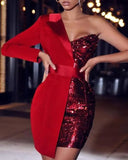 One Shoulder Pactwork Long Sleeve Party