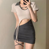 Collar Short Sleeves Dress For Women Hollow Out Sexy Bandage Chic Y2k Summer Short Sleeve Mini Irregular Vestidos-Outfit