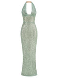 Halter Deep V Neck Sequin Maxi Dress-Outfit