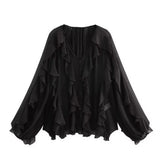 Fongt 2025 Women's New Fashion Butterfly Tacked With Overlays Decoration French Lantern Sleeve Long Sleeve Shirts