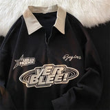 Retro Letter Embroidery Zip Up POLO Shirt Sweatshirt Women Men Turn-down Collar Oversized Hoodie Autumn Winter