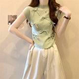 Fongt Wind Gentle Niche Bow High-Neck Short Sleeve New T-Shirt Summer Slimming Short Blouses