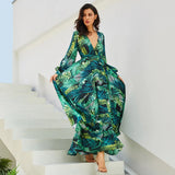 Fongt Spring Summer New Women's Dress V Collar Lantern Sleeve Red Leaf Print