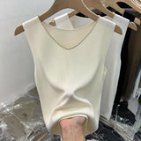 Silk V-Collar Sleeveless Vest Sling Solid Color Knitted Blouse Women's 2024 Summer New Sexy Slim Backing-Outfit