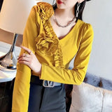 Slim Stylish Folds Spliced T-shirt 2023 Spring Autumn Female Elegant V-Neck Floral Three-dimensional Decoration Pullovers-Outfit