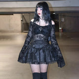 Summer New Dark Wind Shoulder Flocking Blouse Sexy Hot Girl Slim Short Skirt Girl-Outfit