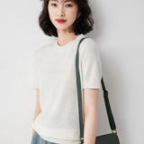Fongt Female Round Collar Loose T-Shirt Inside Build Sweater Spring Autumn Base Outside Wear Short Sleeve Hair-Outfit