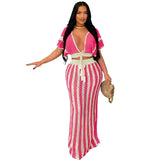 Fongt Knitted Suit Woman Sexy V-Necked Leaf Sleeve Top + Striped Ass Skirt Two
