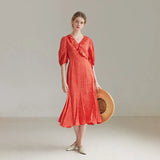 Fishtail Red Floral Women Dress Wrap Bandage Ruffle V-Neck Half Slevee Women 2022 Summer New Women Loose Waist