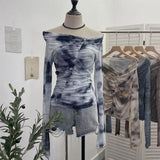 Real Shot Shoulder Tie-Dye Printing Mesh Hooded Design Long-Sleeved Irregular Folding Repair T-Shirt