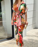 Fongt Summer Single Buckle Long Shirt Women's Printed Short-Sleeved Dress