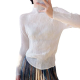 Fongt Wrinkled Women's Cul-De-Scress T-Shirt Blouse Femininity Half-High Collar Design Sense Fashion Hit-And-Dial Shirt