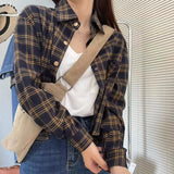 Fongt Plaid Shirt Coat Women Loose Long Sleeve Folding Design Sense Retro Casual Checker Shirt Blouse