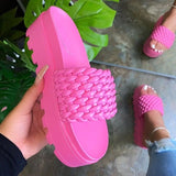 spring/summer new women's high-heeled PU sponge cake sole rubber super thick-soled slippers woven pattern female