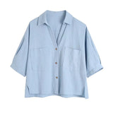 Women Fashion With Pockets Loose Cropped Blouses Vintage Short Sleeve Button-up Female Shirts Blusas Chic