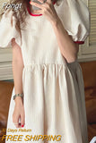 Chic Summer Round Neck Robe Contrast Color Lace Bow Polka Dot Puff Sleeve Women Midi