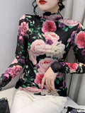 Winter High Neck Fashion Printed Thick Mesh Long Sleeve T-shirt Women Slim Trendy T Shirts Fashion Floral Top For Female-Outfit
