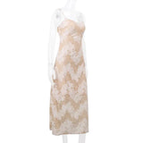 Beige Black Tie Up Lace Mesh Maxi Dress-Outfit