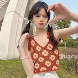Daisy Contrast Color Women's Crop Top Floral Sleeveless Cami Vest Scoop Neck Loose Beach Crop Tank Top-Outfit