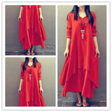Fongt Spring And Autumn New Fake Two Long Dress Literary And Wide Linen Dress Loose Long-Sleeved Solid Cotton Dress