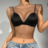 Fongt Nightclub Dresses Fishnet Hollow Out Rhinestone Vest Mesh Flash Diamond Sling Top
