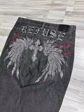 Jeans High Street Goth Vintage Casual Loose Printed Wide-Legged Trousers-Outfit