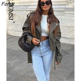 Spring Short Women Slim Bandage Khaki Faux PU Leather Jacket Fashion Lapel Long Sleeve Outerwear Ladies