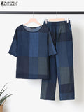 ZANZEA Vintage Plaid Checked Matching Sets Sets Summer Women Tracksuit Casual Half Sleeve Blouse Pants Suits Loose Urban